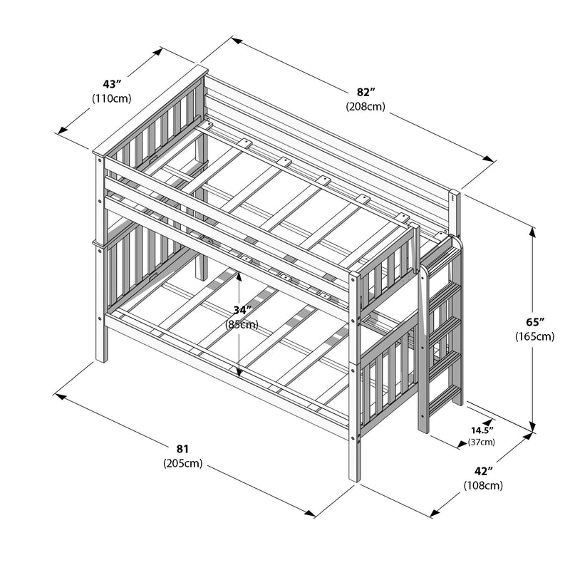 Isometric diagram of a wooden twin-over-twin bunk bed with ladder, slatted guardrails and mattress supports, labeled dimensions in inches and centimeters (82″ length × 43″ width × 65″ height)