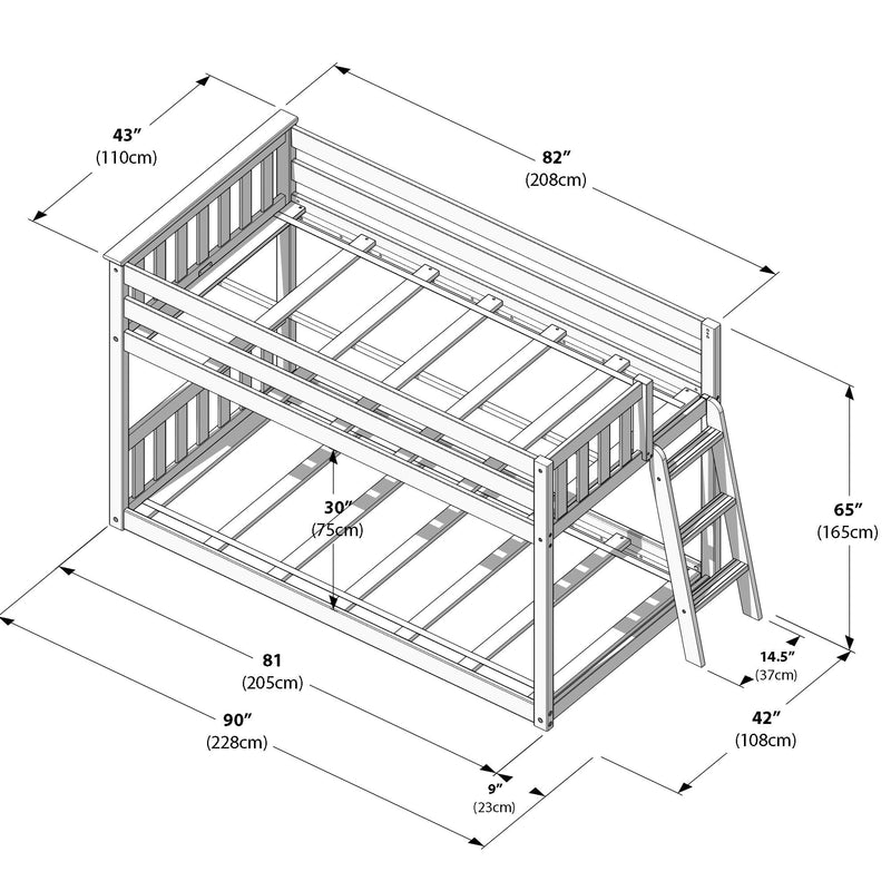 Wooden twin-over-full bunk bed frame diagram with ladder and labeled dimensions — overall 90″ (228 cm) L × 42″ (108 cm) W × 65″ (165 cm) H; 30″ (75 cm) lower clearance