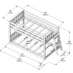 Detailed schematic of a wooden bunk bed with dimensions in inches and centimeters, featuring a ladder and railings, ideal for space-saving bedroom furniture.