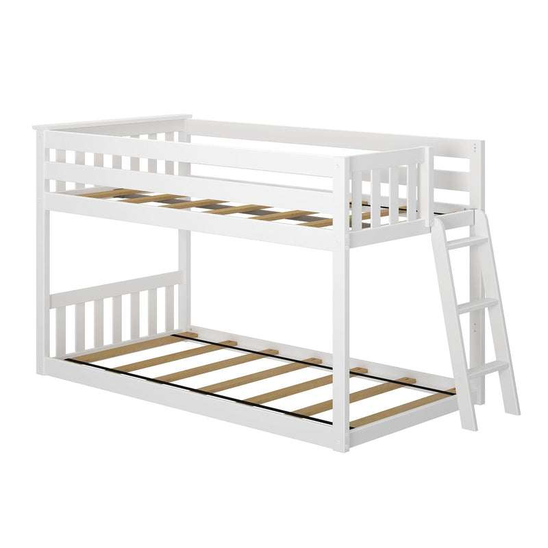 White wooden bunk bed with ladder and safety rails, modern kids' bedroom furniture.