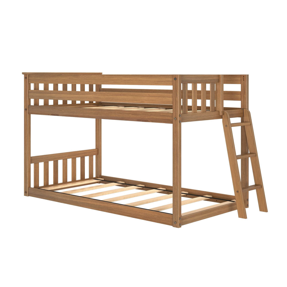 185320-007 : Bunk Beds Twin Over Twin Low Bunk Bed With Ladder on End, Pecan