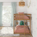 Wooden kids' bunk bed with coral-pink bedding, green gingham curtains, rattan pendant light, palm-print wallpaper and plush rug