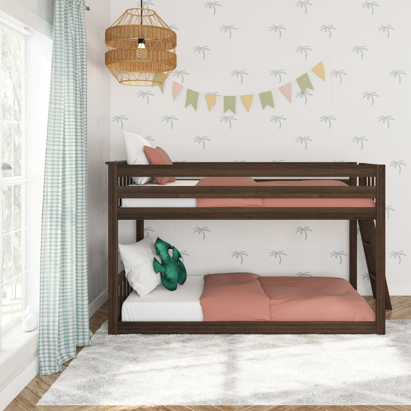 Children's bunk bed with coral bedding and green dinosaur plush, palm-print wallpaper, pastel bunting, mint gingham curtains and woven rattan pendant light — modern kids room decor