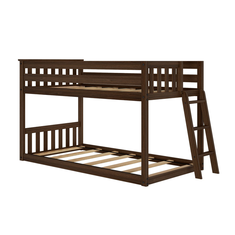 Dark brown wooden bunk bed frame with side ladder, slatted headboard and footboard, visible platform slats — loft-style two-level bed ideal for kids' rooms