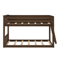Dark brown wooden twin loft bunk bed frame with slatted mattress supports, side guardrails and built-in ladder — rustic bedroom furniture