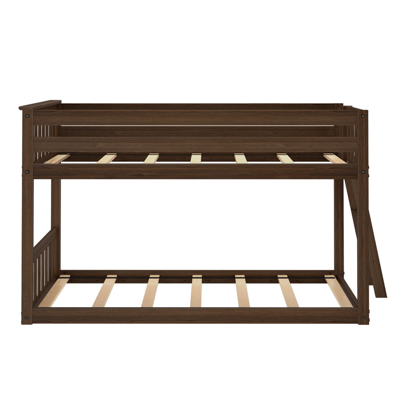 Dark brown wooden twin loft bunk bed frame with slatted mattress supports, side guardrails and built-in ladder — rustic bedroom furniture