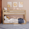 Light wooden bunk bed in a neutral pink kids’ bedroom with white bedding, mustard and cloud-shaped pillows, navy throw, blue plaid rug and three framed sun watercolor wall art — modern boho children’s room decor
