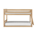 Natural oak wooden twin-over-full bunk bed with ladder and white mattresses, modern Scandinavian kids' bedroom furniture