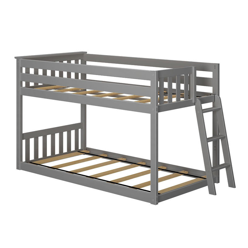 Gray wooden twin-over-full loft bunk bed with ladder and slatted mattress support, space-saving kids bedroom furniture