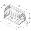 Twin-over-full wooden bunk bed dimensions diagram showing 90" (228 cm) overall length, 42" (108 cm) depth, 65" (165 cm) height, 30" (75 cm) mattress clearance, angled ladder, guardrails and slatted support