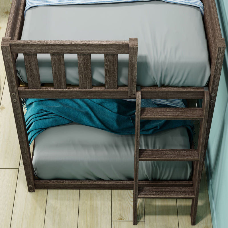 Rustic dark wooden bunk bed with ladder, gray bedding and teal blanket on lower bunk, light wood floor and aqua wall