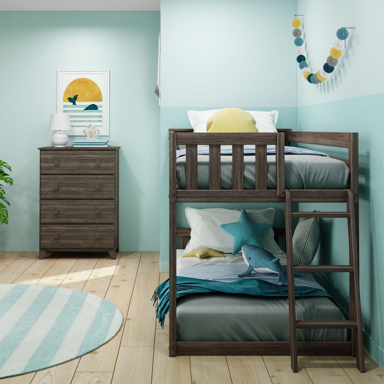 185320-151 : Bunk Beds Twin over Twin Low Bunk Bed with Ladder on End, Clay