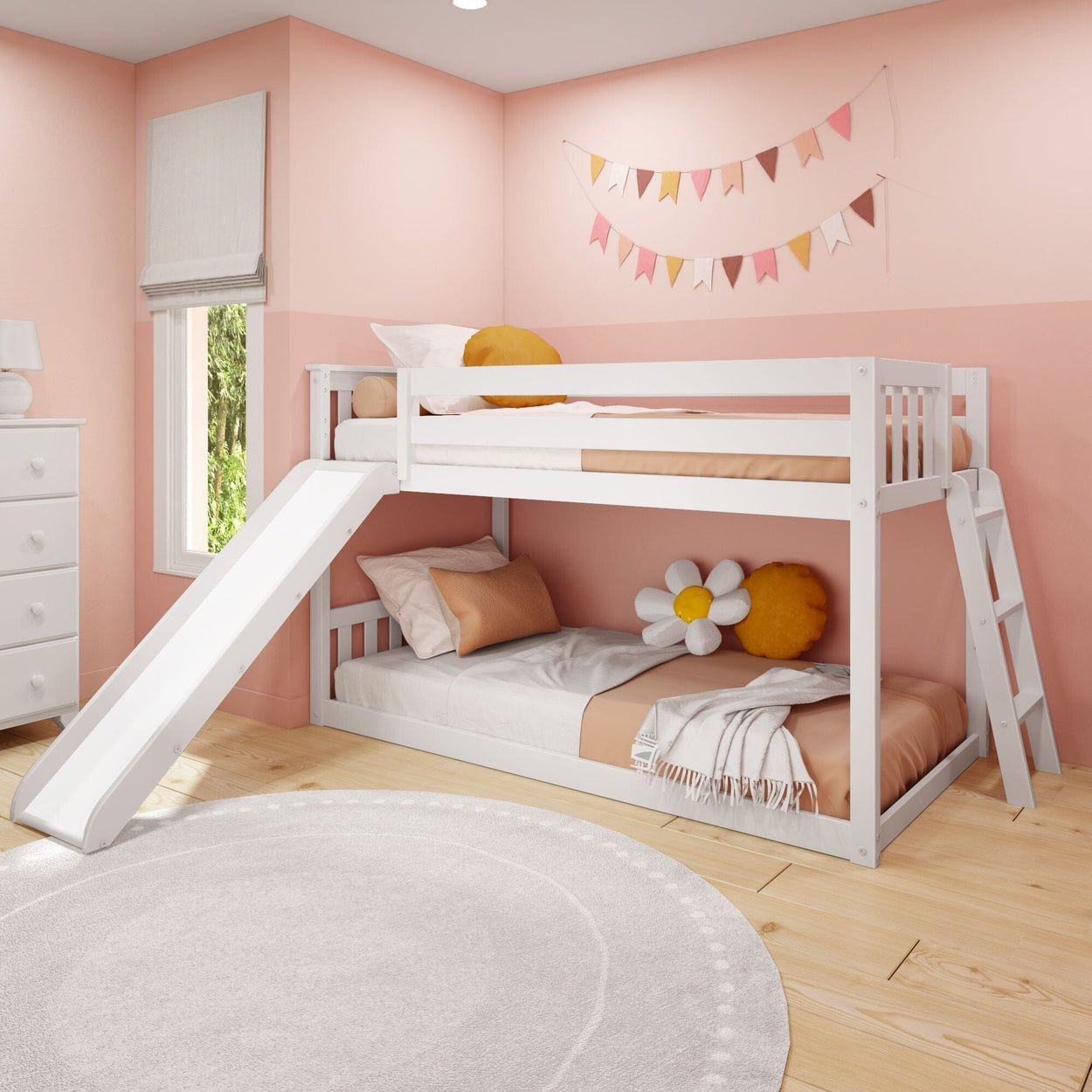 185321-002 : Bunk Beds Twin over Twin Low Bunk Bed with Ladder on End and Slide, White