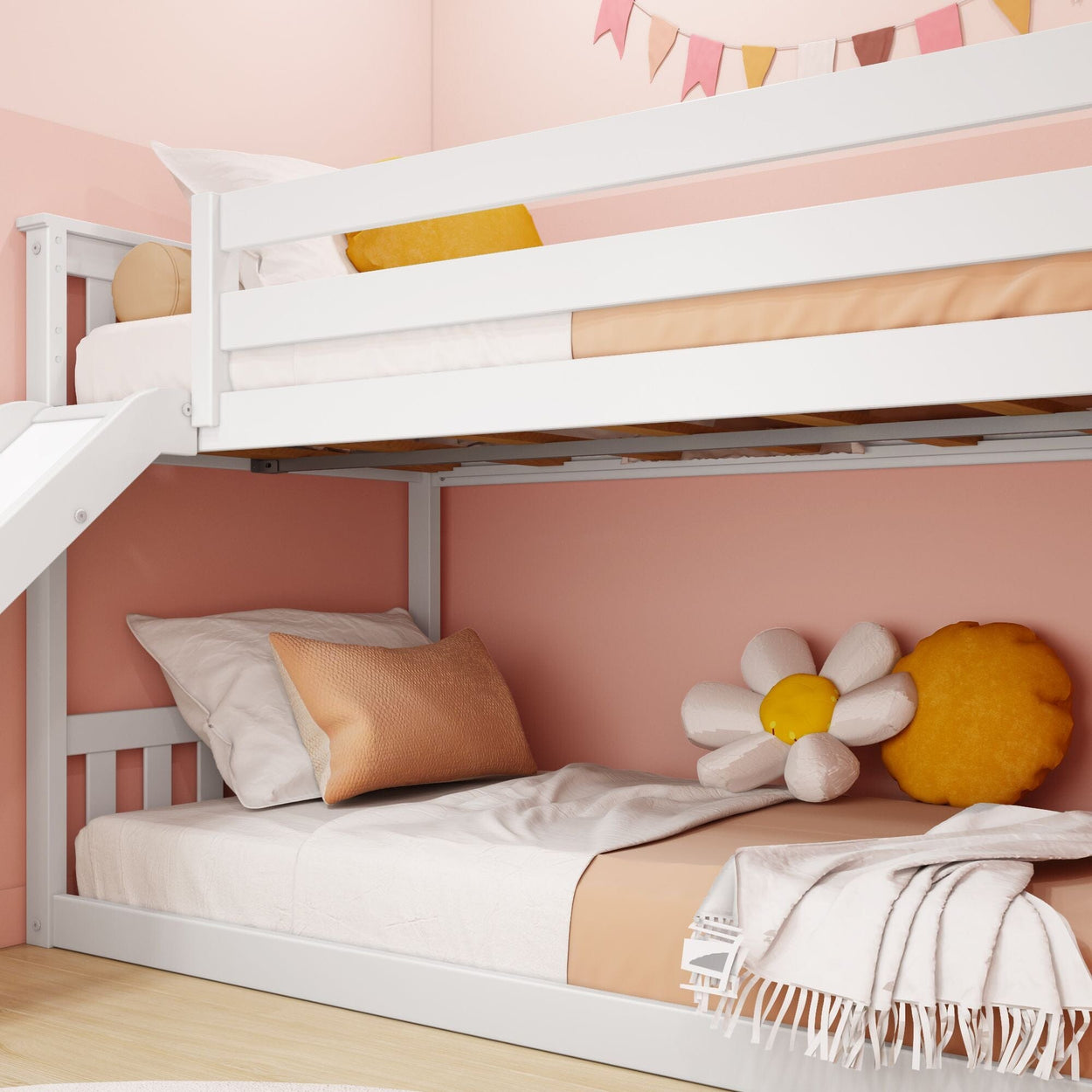 185321-002 : Bunk Beds Twin over Twin Low Bunk Bed with Ladder on End and Slide, White