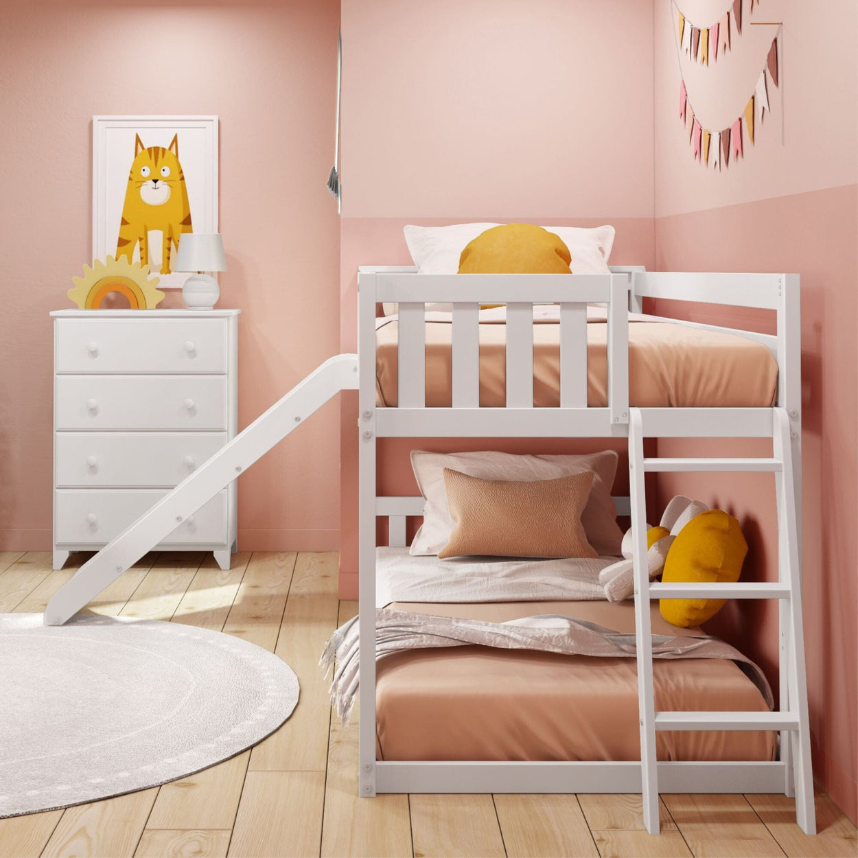 185321-002 : Bunk Beds Twin Over Twin Low Bunk Bed With Ladder on End & Slide, White