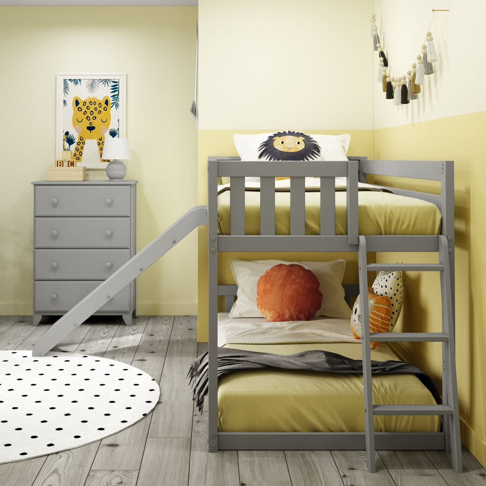 185321-121 : Bunk Beds Twin Over Twin Low Bunk Bed With Ladder on End & Slide, Grey