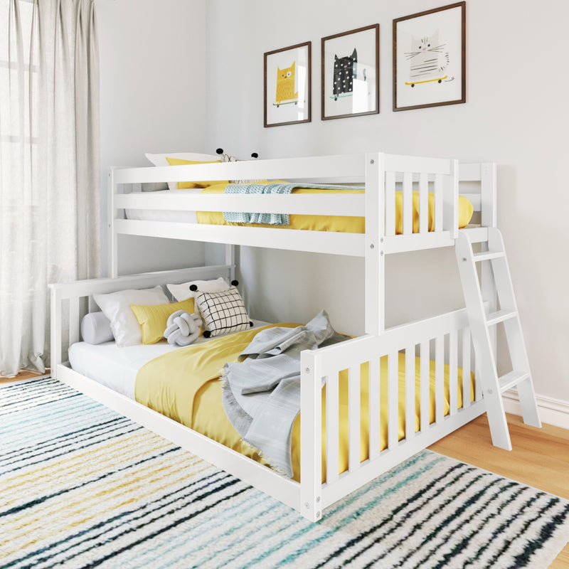 White wooden bunk bed with yellow bedding in bright children's room with striped rug and playful wall art.