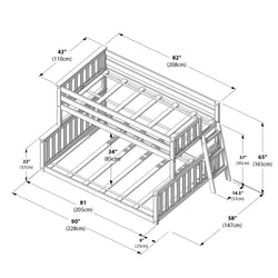 Illustration of bunk bed dimensions, featuring detailed measurements in inches and centimeters for optimal furniture setup.