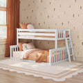 White wooden bunk bed with ladder, peach and terracotta bedding, plush teddy, small floral wallpaper and rust-orange curtains in a cozy kids' bedroom