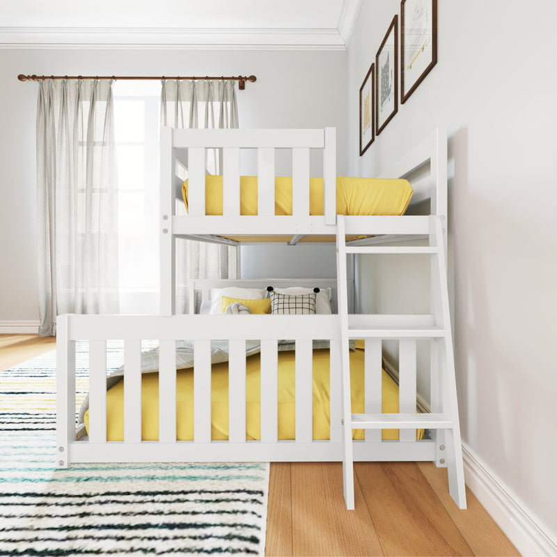 White wooden bunk bed with yellow bedding in a bright child’s room featuring striped rug and framed wall art.