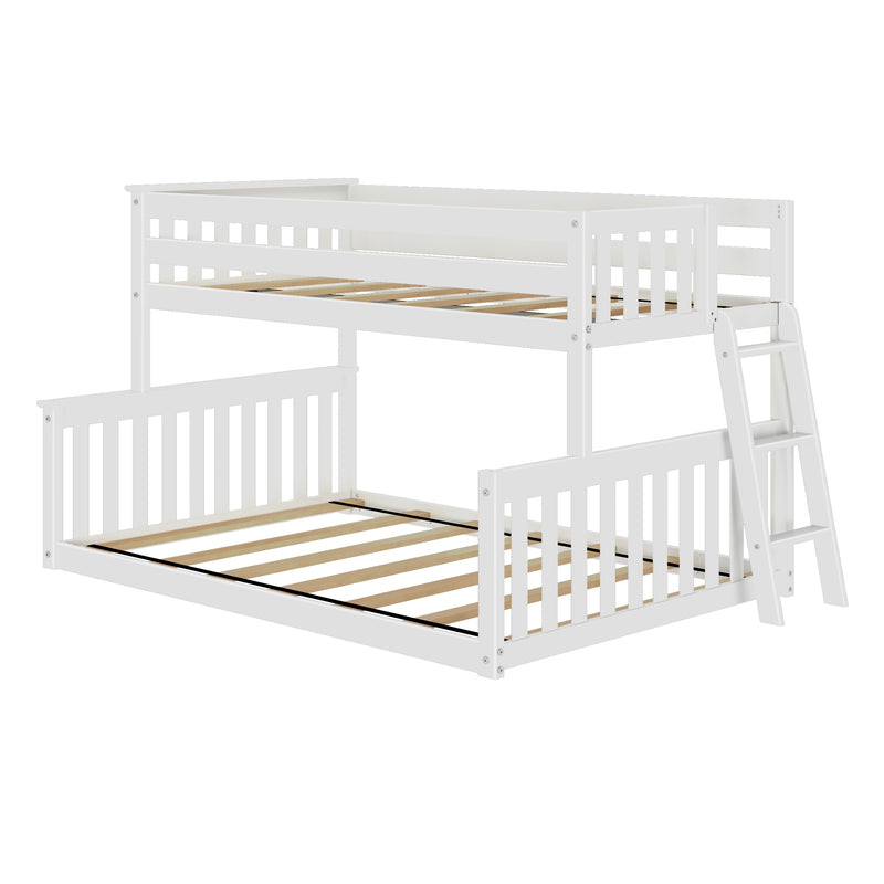 White wooden bunk bed with ladder for kids' bedroom.