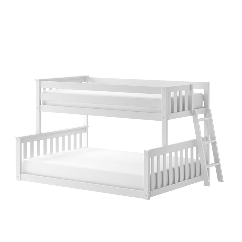 White wooden twin-over-full bunk bed with ladder and slatted rails, modern kids bedroom furniture, space-saving design