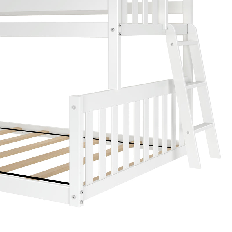 White wooden bunk bed frame with ladder and slatted base.