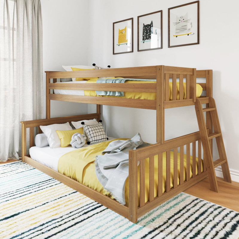 Wooden bunk bed with yellow bedding in a cozy children's room with framed cat artwork.