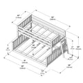 Wooden bunk bed frame assembly diagram with measurements in inches and centimeters showing ladder, guardrails, slatted mattress supports and overall dimensions
