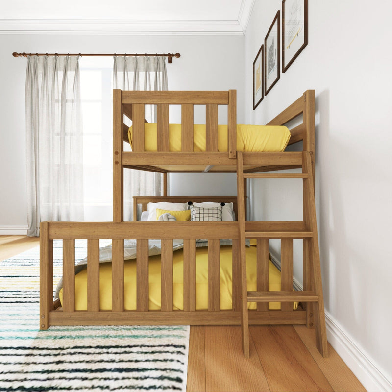 Wooden bunk bed with yellow bedding in a bright, modern bedroom setting.