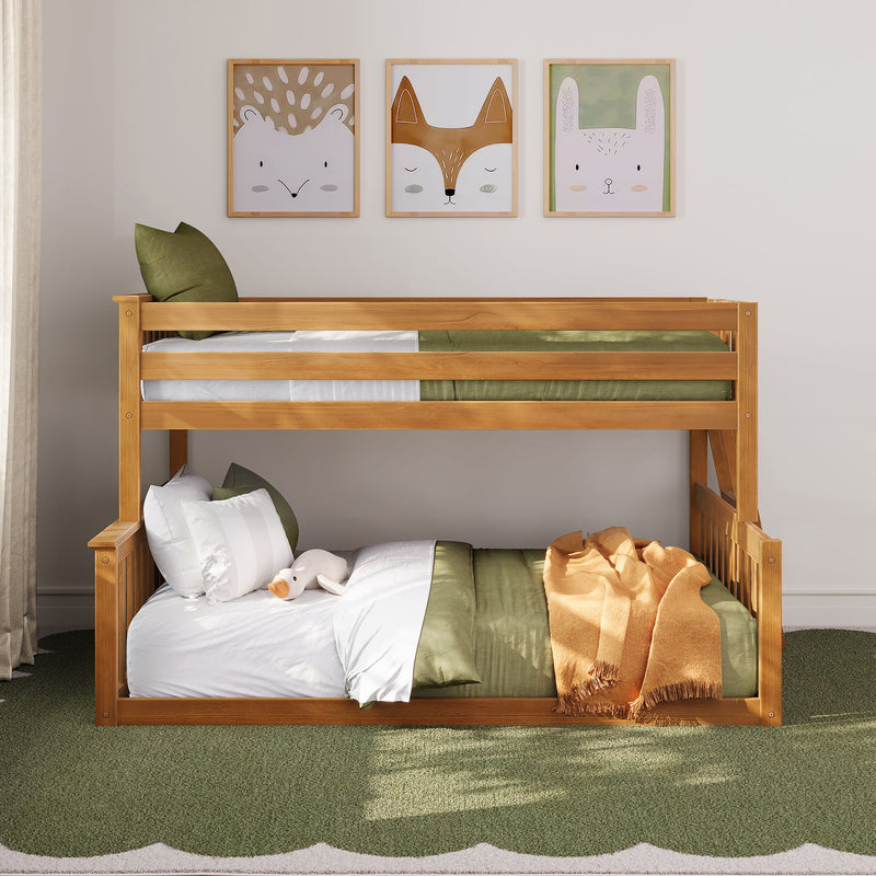 Wooden kids bunk bed with olive green bedding, white pillows, orange throw and plush duck, beneath three framed animal nursery prints on a neutral wall