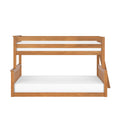 Front view of a natural finish solid wood bunk bed frame with white mattresses on a white background