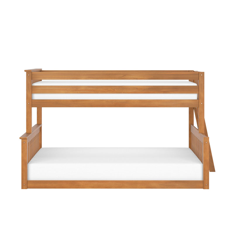 Front view of a natural finish solid wood bunk bed frame with white mattresses on a white background