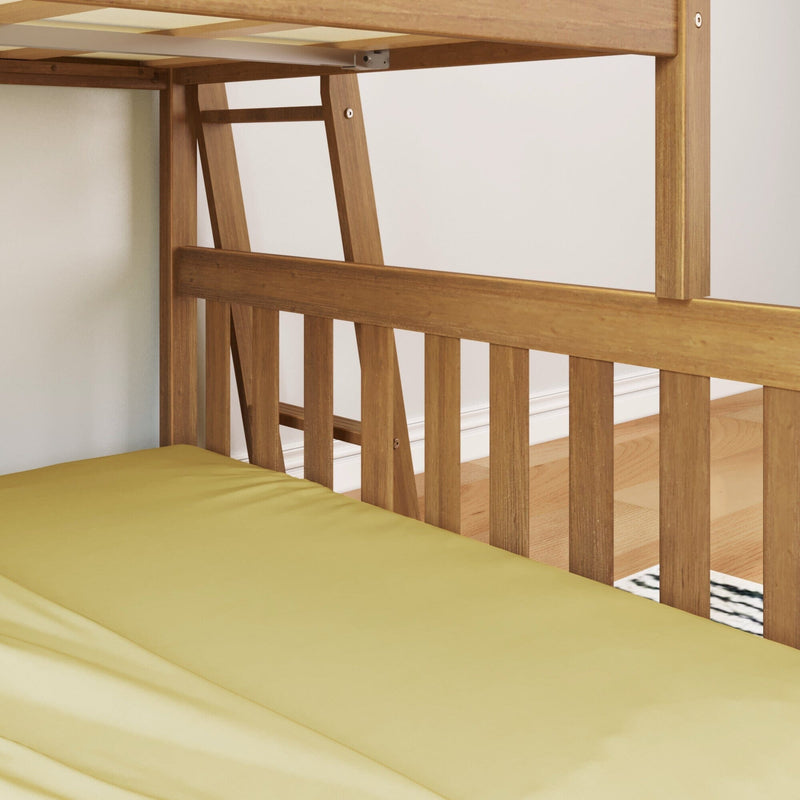 Wooden bunk bed with yellow mattress in a cozy bedroom setting.