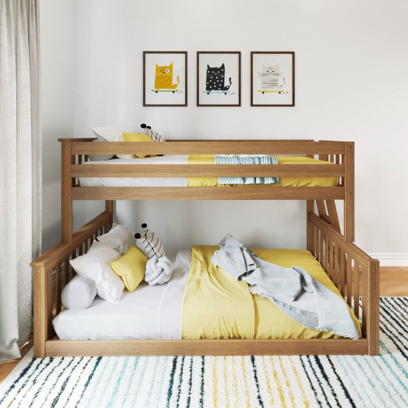 Wooden bunk bed with yellow bedding in a modern kids' room with cat artwork on the wall.