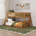 Wooden bunk bed with green bedding and ladder in modern kids' bedroom featuring animal wall art, curtains and rug
