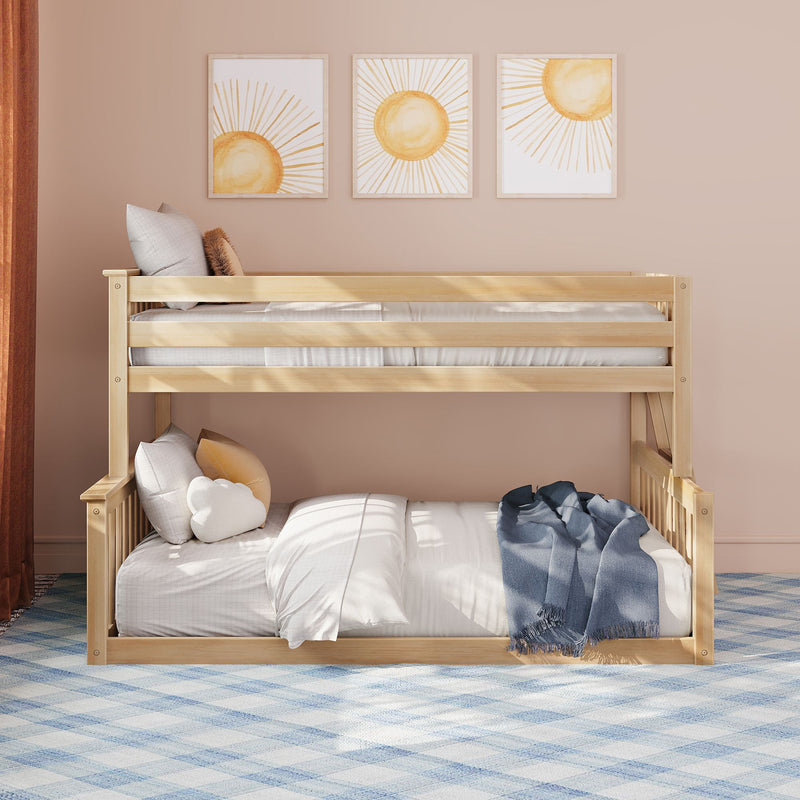 Natural wood twin-over-full bunk bed in a modern kids' bedroom with neutral bedding, sun wall art, cloud pillow, navy throw, and blue plaid rug