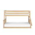 Natural wood twin-over-full bunk bed with ladder and slatted rails, white mattresses, space-saving children's bedroom furniture