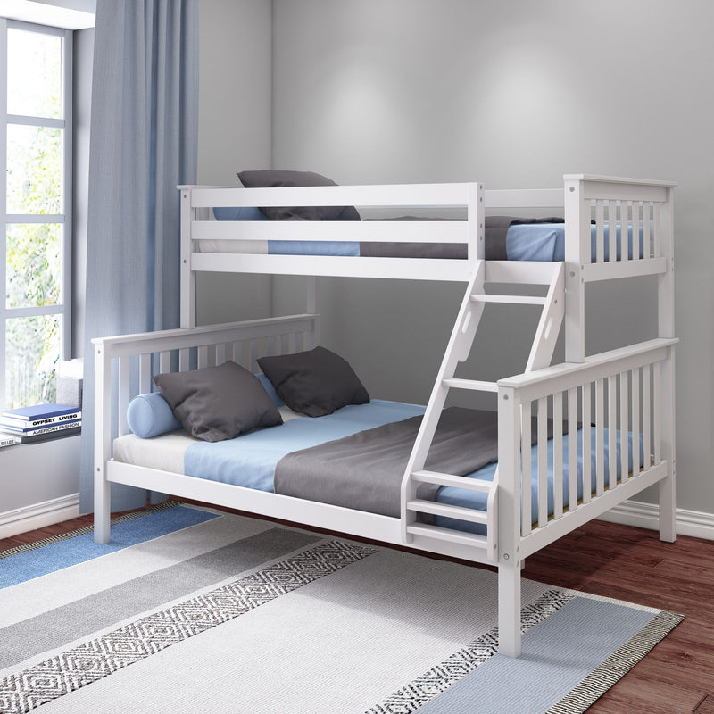 White wooden bunk bed with blue and gray bedding in a bright, modern bedroom.