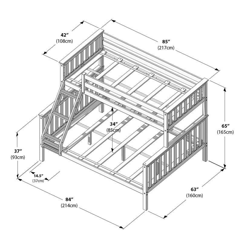 Isometric technical drawing of an L-shaped wooden twin-over-full bunk bed with built-in angled ladder, slatted guardrails and labeled dimensions in inches and centimeters.