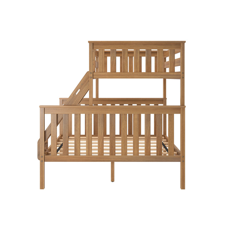 Natural oak wooden loft bunk bed with safety rails and angled ladder, twin-over-twin platform bed for kids' bedroom