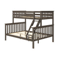 Twin-over-full wooden bunk bed in gray weathered finish with slatted platform supports, angled ladder and farmhouse-style guardrails