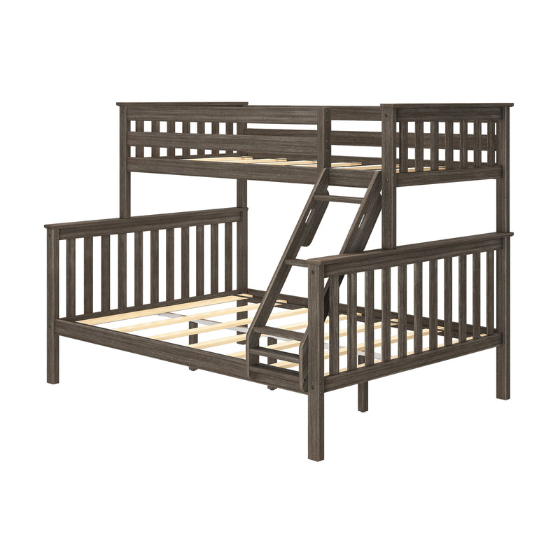 Twin-over-full wooden bunk bed in gray weathered finish with slatted platform supports, angled ladder and farmhouse-style guardrails