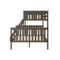 Gray rustic wooden bunk bed with built-in ladder, vertical slatted guardrails and platform slats — space-saving loft-style bedroom frame