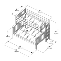 Twin-over-full wooden bunk bed dimensions diagram showing slatted frames, ladder and guardrails with labeled measurements in inches and centimeters for overall length, width and height
