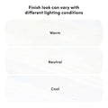 Graphic comparing how a white surface finish appears under different lighting conditions — warm, neutral, and cool — with heading "Finish look can vary with different lighting conditions