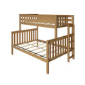 Solid wood twin-over-full bunk bed in natural oak finish with ladder and slatted rails, space-saving bedroom furniture