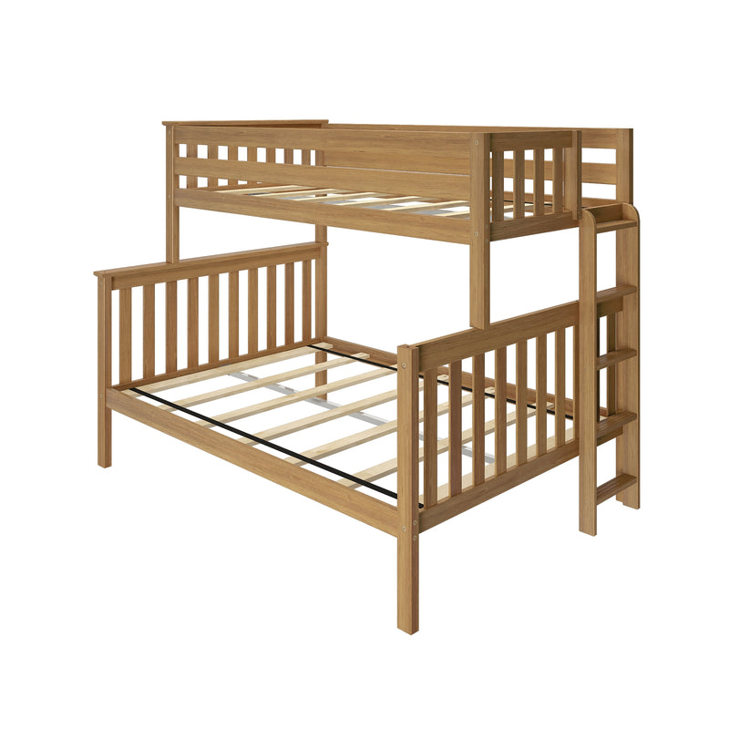 Solid wood twin-over-full bunk bed in natural oak finish with ladder and slatted rails, space-saving bedroom furniture