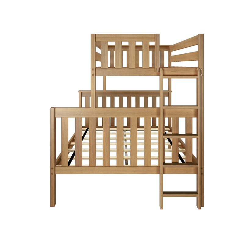 Light natural wood twin-over-full bunk bed with built-in ladder and slatted headboards and footboards, space-saving kids bedroom furniture