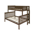 Dark brown wooden twin-over-full bunk bed frame with ladder, slatted guardrails and wooden mattress slats, no mattresses